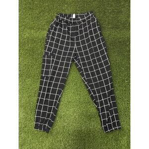 Women Black White Grid Jogger Pants Size M Elastic Waist Stretch Casual